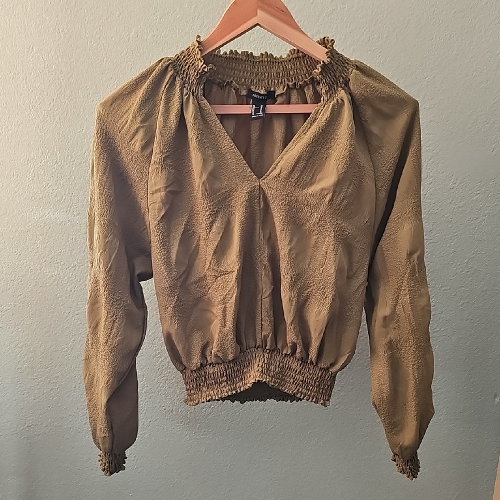Olive Green Smocked Peasant Blouse